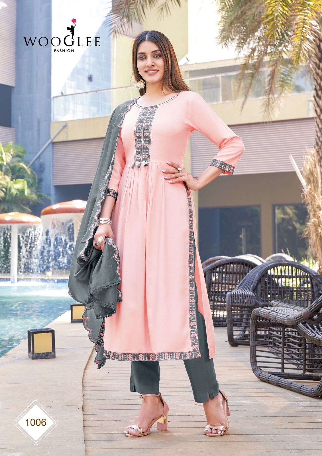 CORAL RAYON WEAVING KURTI WITH COTTON LYCRA PANT AND CHANDERI DUPATTA WITH WORK BY WOOGLEE BRAND 1006